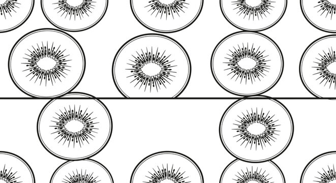 Seamless black and white pattern composed of repeating kiwi fruit cross-sections, showcasing their radiating cores and numerous seeds, creating a clean and modern design.