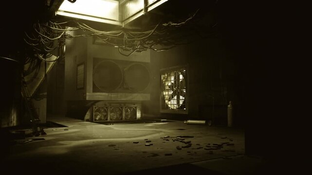 Derelict display room with skylight and empty case, broken glass shards, scattered footprints, overhead cables, warm sepia glow, postapocalyptic feel