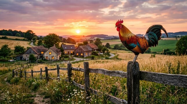 Rooster perched on a fence in rural French countryside.