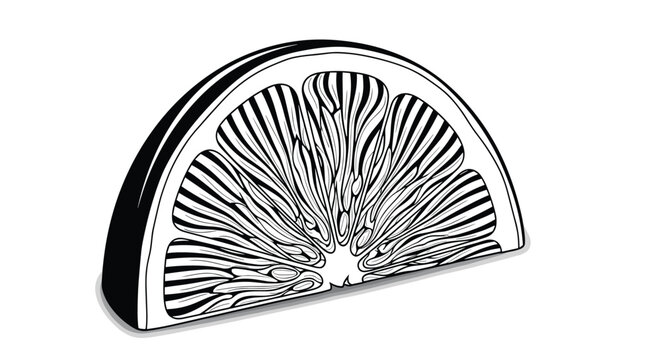 Stylish black and white illustration of a citrus fruit slice, rendered with bold parallel lines to delineate its segments and a clean graphic style, creating a modern visual.