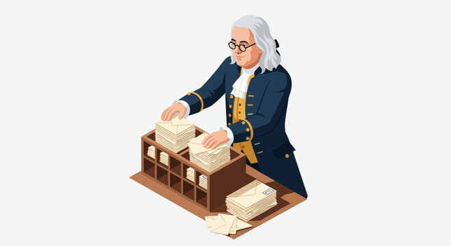 Ben franklin vector of a historical figure sorting postal mail