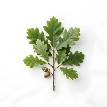 Oak leaf branch with acorn isolated on white background.