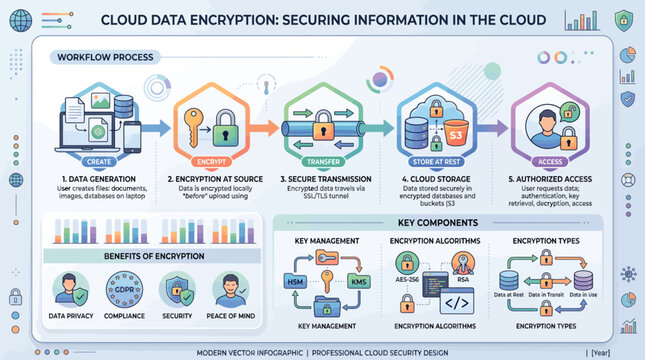Digital cloud security with encrypted data flow and user authentication.