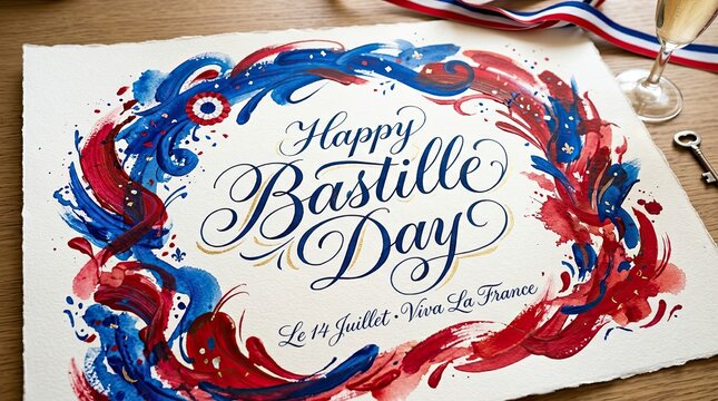 Happy Bastille Day calligraphy with tricolor paint strokes.