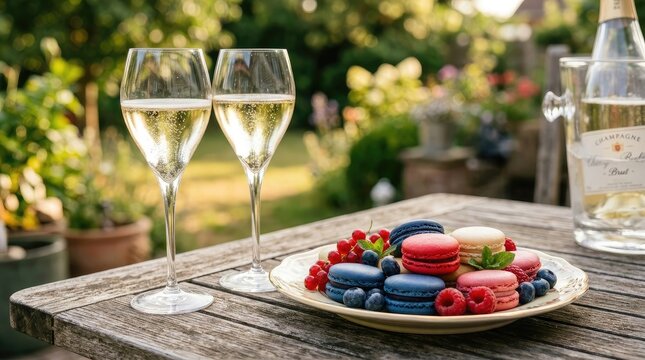 French macarons and white wine on festive outdoor table.