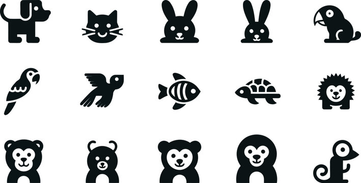 Black and white animal icons on white background for design elements