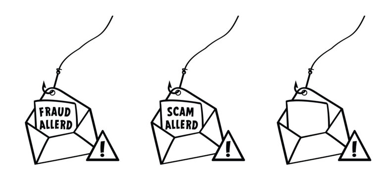 Fraud allerd, hacker alert and scam allerd. Attention sign. Cyber security and fishhook icon. Caution warning, fish hook concept. E-mail phishing, data protection on mail or internet.
