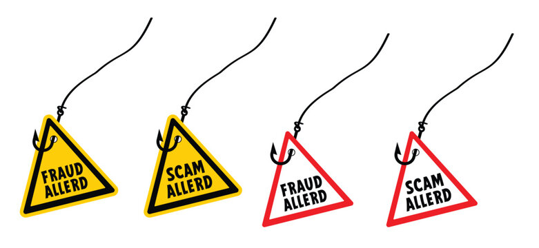 Fraud allerd, hacker alert and scam allerd. Attention sign. Cyber security and fishhook icon. Caution warning, fish hook concept. E-mail phishing, data protection on mail or internet.