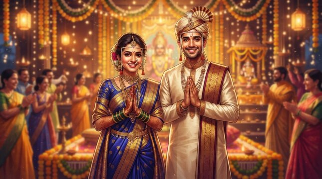Happy Indian couple in traditional wedding attire performing prayer with folded hands