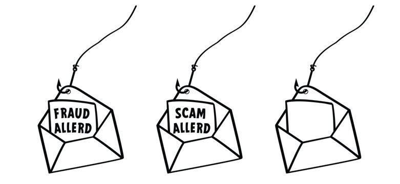 Fraud allerd, hacker alert and scam allerd. Attention sign. Cyber security and fishhook icon. Caution warning, fish hook concept. E-mail phishing, data protection on mail or internet.
