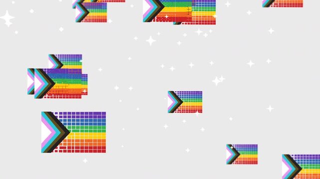 4k 60fps cartoon animation of falling progress pride lgbtq flags in mosaic pixel style on white background.