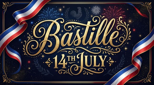 Elegant Bastille Day 14th July typography on blue background.
