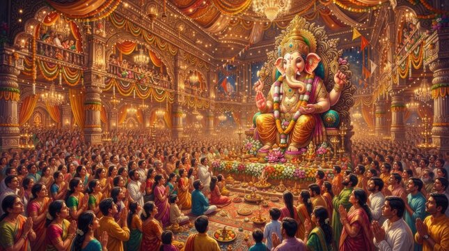 Large crowd of devotees gathered at a grand Ganesh Chaturthi festival pandal