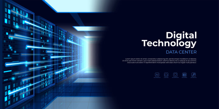 Abstract data center concept. Vector illustration of technology server racks and dynamic glowing beams. Digital data center. Futuristic technology background. Modern Big Data storage visualization.