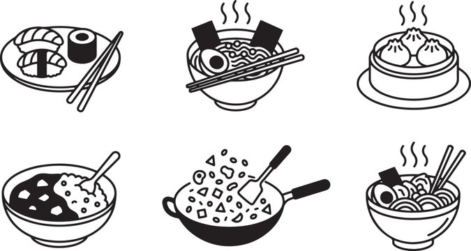 Asian cuisine food icons including sushi ramen dumplings and wok