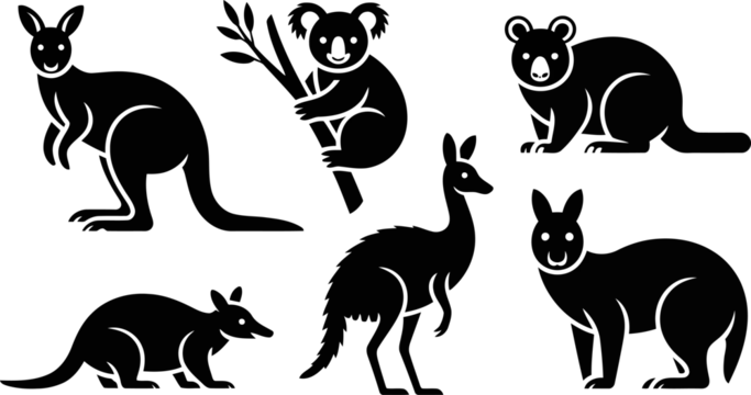 Black silhouettes of various Australian animals on white background kangaroo koala wallaby