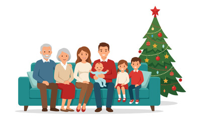 Fototapeta premium Family sitting on couch with decorated Christmas tree illustration