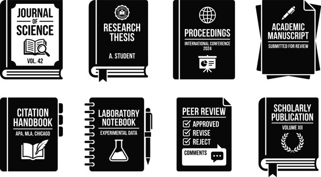 Academic and scientific research publication icons set including thesis, journal of science, and peer review elements