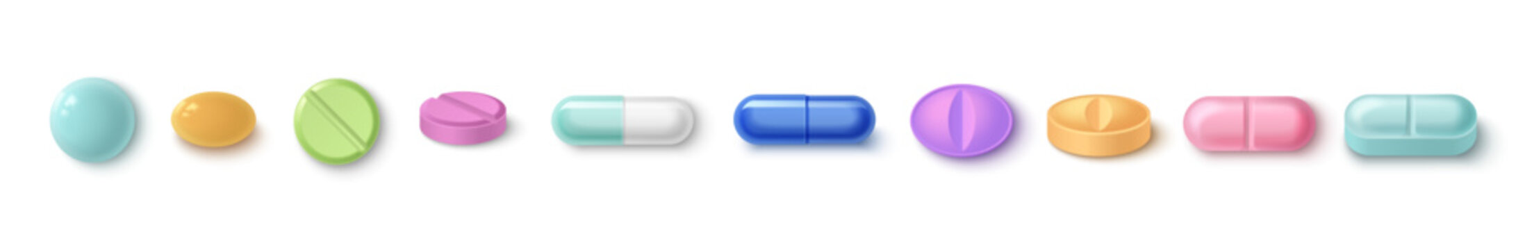 Color 3d pill and tablet mockup with realistic shadow, vector set isolated on white background. Medical capsule icon for healthcare, pharmacy branding, vitamin packaging, or pharmaceutical design