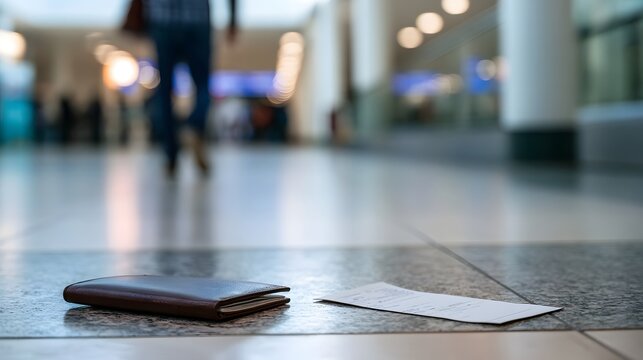 A brown leather wallet and a white paper ticket lie on a polished floor in a public transit area