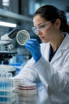 Female microbiologist examining bacterial culture in petri dish during laboratory research study