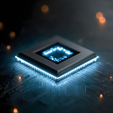 Advanced microchip processor on circuit board with cool blue light