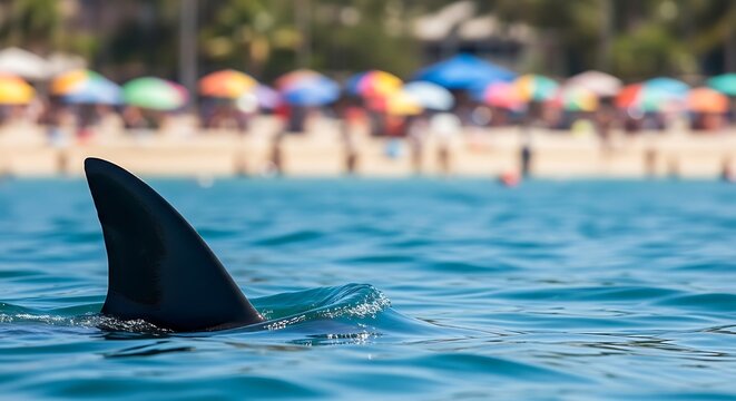 A shark fin breaks the surface of calm blue water with a blurred beach background