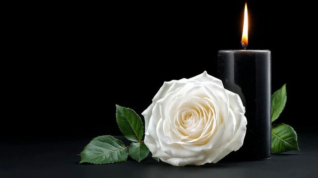 White rose with black memorial candle on dark background expressing sympathy remembrance and peaceful tribute