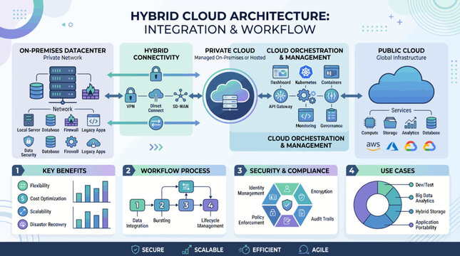 Hybrid cloud architecture workflow diagram with infrastructure components.