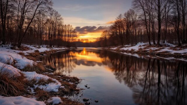 Peaceful river landscape at sunset with melting snow bare trees and golden reflections in early spring nature