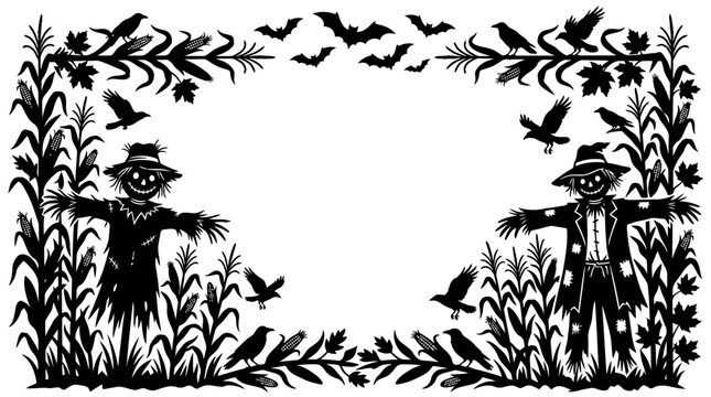 Halloween scarecrows, black silhouette frame, autumn leaves, scarecrow border isolated on White Background