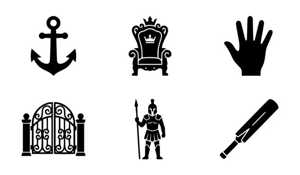 Black silhouette icon set featuring anchor throne hand gate soldier and cricket bat isolated on white minimalist vector collection
