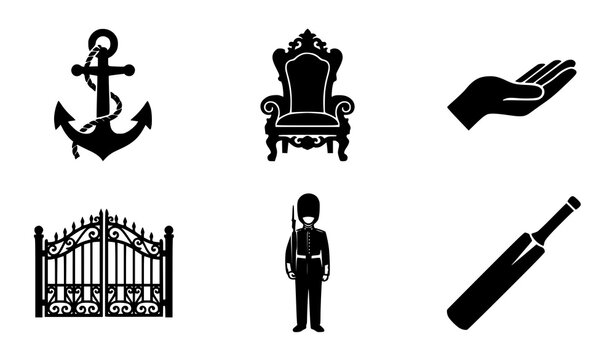 Minimalist black silhouette vector icons featuring anchor ceremonial throne open hand decorative gate soldier and cricket bat
