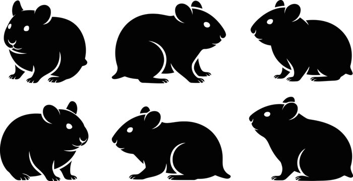 Set of guinea pig silhouettes in different poses and angles