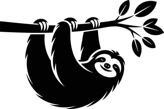 Sloth hanging from a tree branch with leaves smiling face