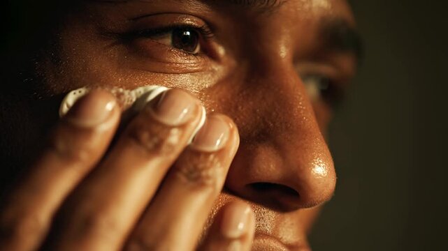 Close-up footage shows a man applying facial cream onto hydrated skin with gentle movements. Video for male skincare, grooming, cosmetics, wellness campaigns, dermatology
