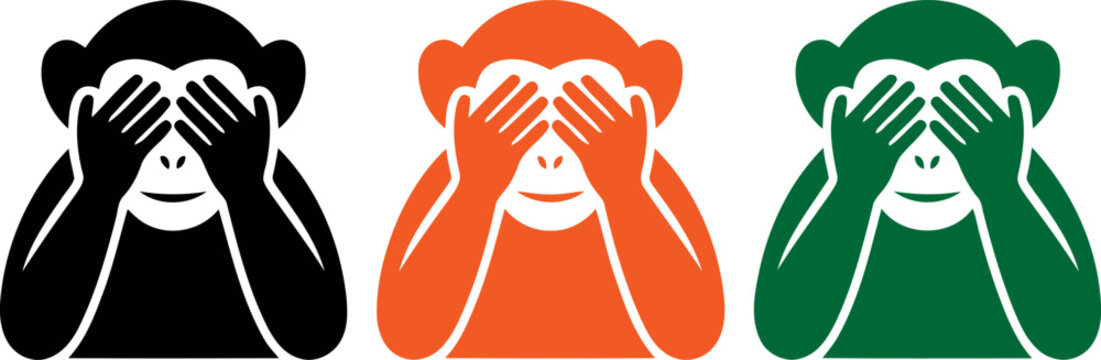 Three colorful monkeys covering their faces with hands in a symbolic gesture