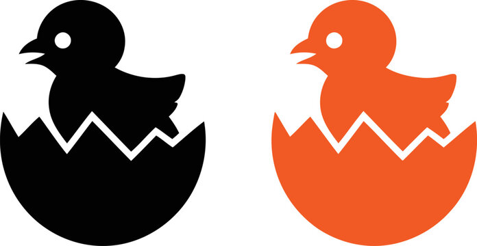 Two cartoon chicks emerging from eggs in black and orange colors on white background