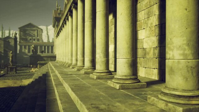Yellow toned Antioch colonnade and steps with aged film look, warm patina on stone blocks, nostalgic composition that emphasizes texture, time and classical
