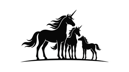 Fototapeta premium Three black silhouette unicorns standing together on hill in minimalist illustration style for fantasy magical concept
