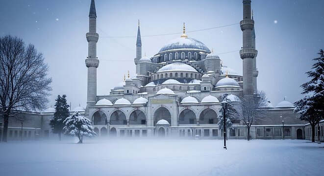 A serene winter scene of a large, ornate mosque with snow-covered grounds and two tall minarets