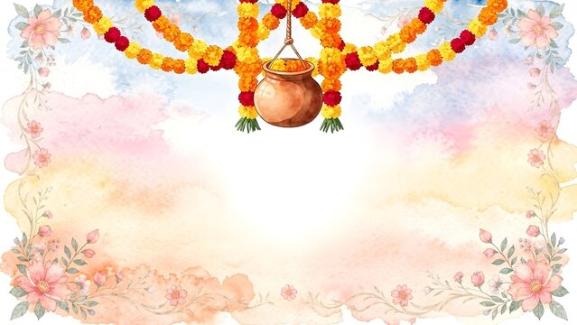 Vibrant watercolor dahi handi pot, marigold garlands, festive floral background.
