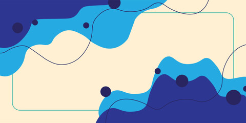 Obraz premium Abstract fluid background with blue liquid wavy shapes, circles and thin line frame. Modern organic dynamic backdrop design vector illustration.
