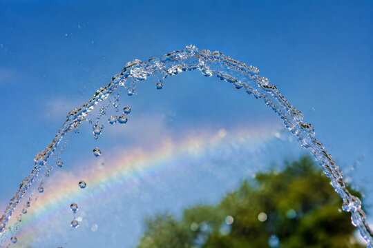 A fountain's water jet arching against a blue sky with sunlight creating glints.
