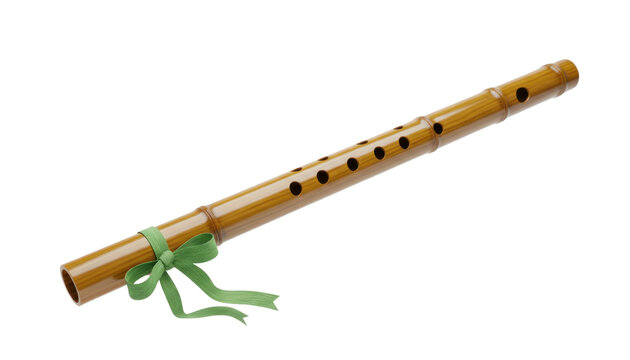 Traditional bamboo flute with green ribbon, wooden wind instrument, rustic folk music accessory for performance and education isolated PNG with Transparent Background