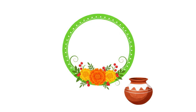Floral wreath frame with orange roses and green leaves, decorative round border for wedding invitation design. Clay pot icon isolated PNG with Transparent Background