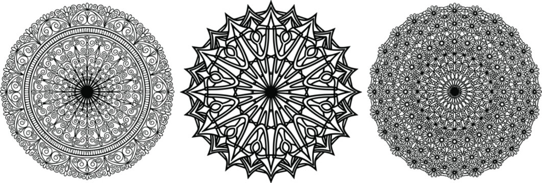 Decorative Round Mandala Vector Ornament Set Featuring Intricate Geometric Patterns and Filigree Details for Coloring Books, Henna, and Spiritual Meditation Designs