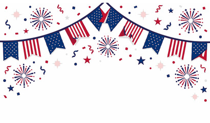 Obraz premium USA Patriotic Bunting Flag Garland with Confetti Stars and Sparks for Independence Day Memorial Day and Labor Day Vector