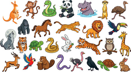 Cute cartoon wild animals vector bundle featuring lion tiger panda giraffe monkey and elephant characters isolated on white background for kids education © MstBizly
