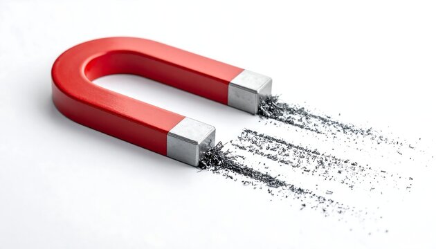 A red horseshoe magnet with silver ends attracts small metal particles on a white surface
